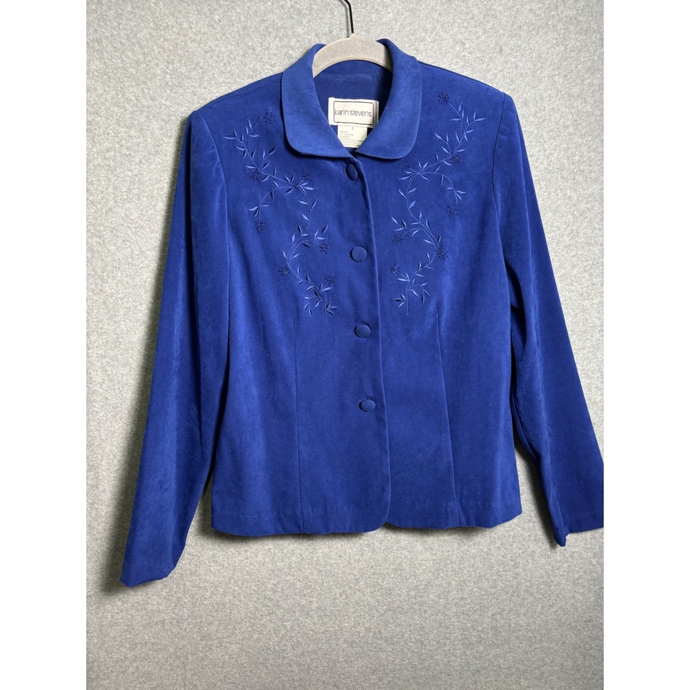 Karin‎ Stevens Blue Embroidered Jacket Blazer Size 8 Career Grandma Chic VTG